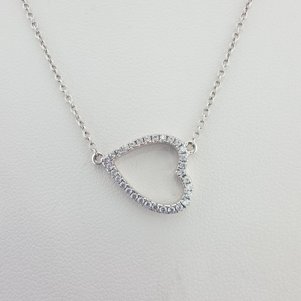 Vintage Lopsided Crystal Heart Necklace 925 Sterling Silver Rolo Chain 18"